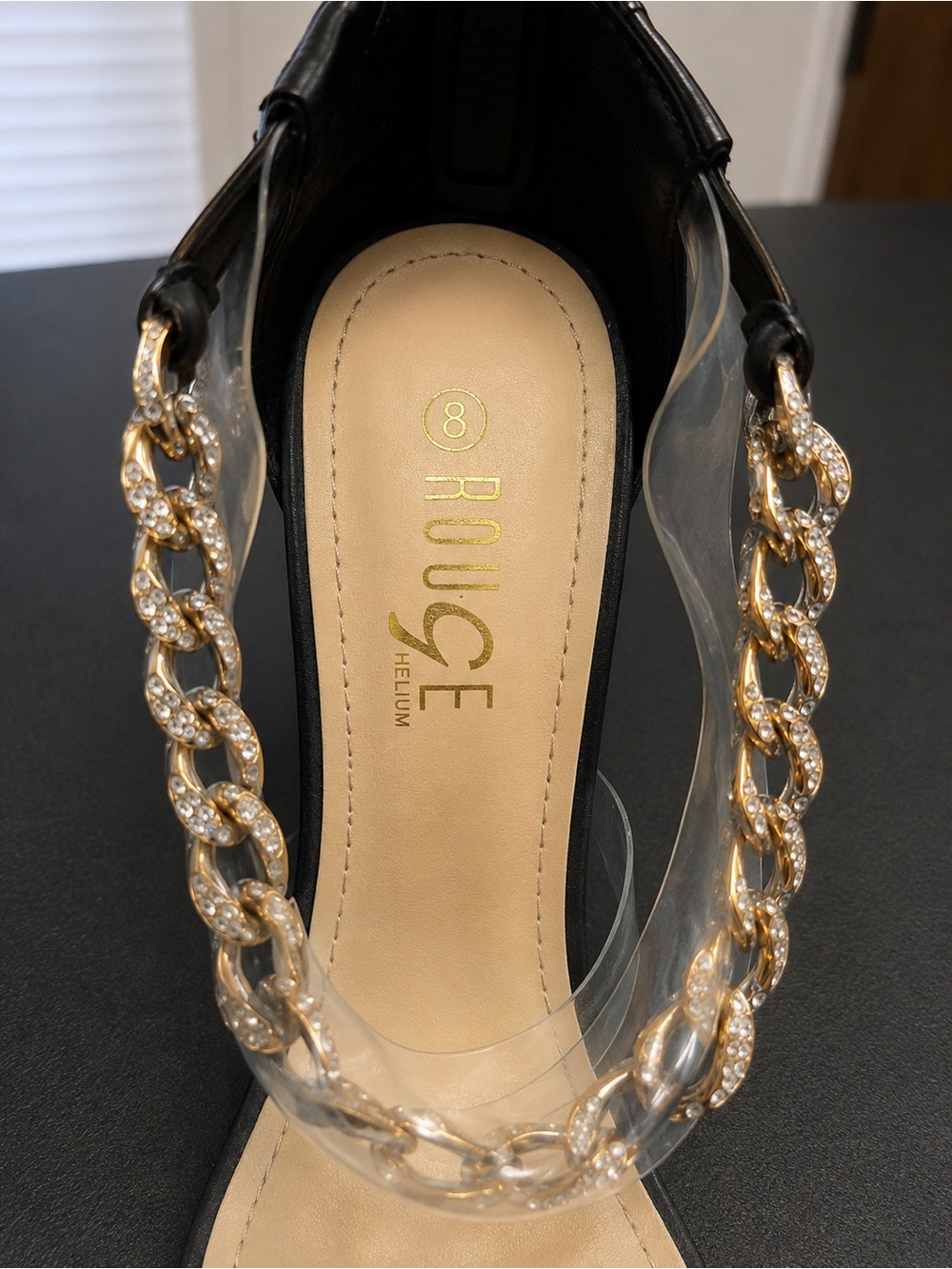 Rouge! Black Block-Heel Sandals with Gold Chain & Clear Straps - Picture 3 of 4